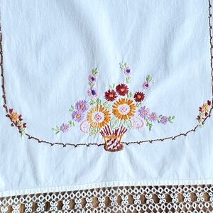 Vintage Handcrafted Needlepoint Flowers Table Runner, Crochet Edge, 37"×16"